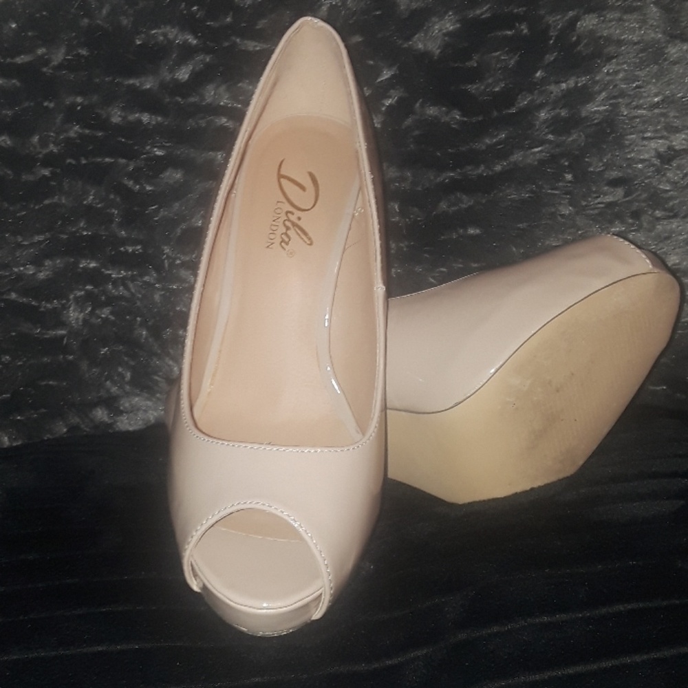 Nude Patent Leather Peep Toe Pumps